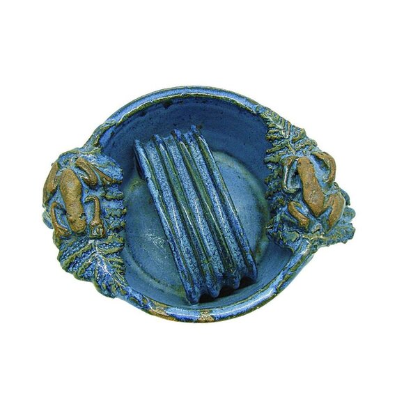 Handmade Blue Round Shaped Pottery Ashtray Trinket Dish Decorated With Frogs - Picture 2 of 11